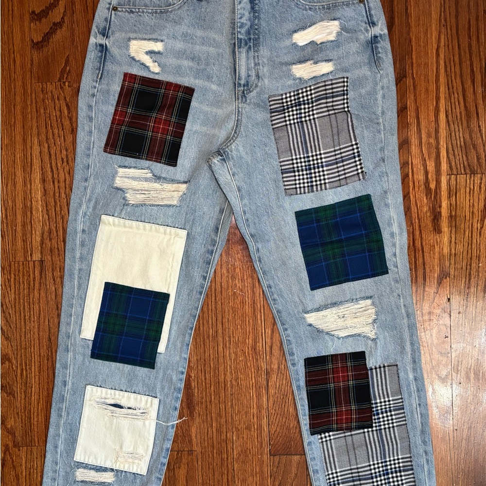 Blue Revival Patchwork Distressed Blue Jeans